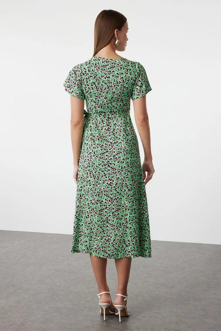 Green Floral Double Breasted Neck Viscose Woven Dress - 3