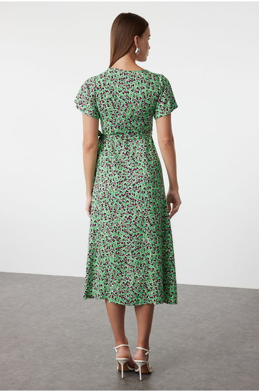 Green Floral Double Breasted Neck Viscose Woven Dress product thumbnail 4