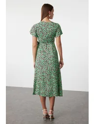 Green Floral Double Breasted Neck Viscose Woven Dress - 3
