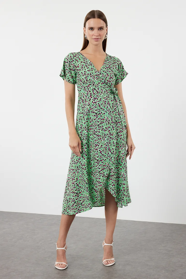 Green Floral Double Breasted Neck Viscose Woven Dress - 7