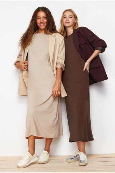 Brown-Beige 2 Pack 100% Cotton Knitted Lining Dress