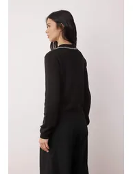 Black cotton blend knit sweater with neckline stitching detail - 3