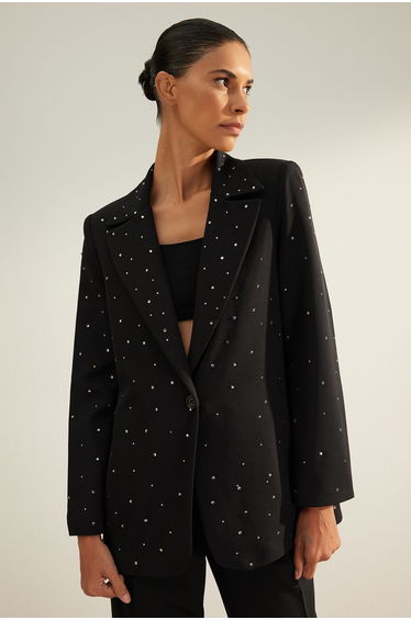 Black Blazer Jacket with Woven Stones