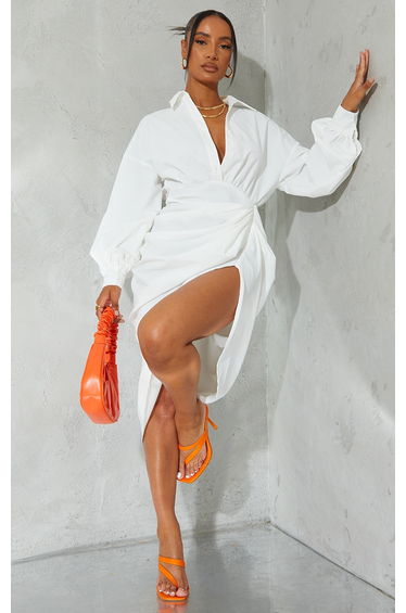 White Balloon Sleeve Gathered Skirt Midi Shirt Dress