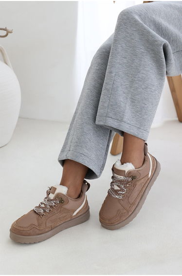 Lumina Camel Suede Low Top Trainer with mesh panel and Faux fur lining