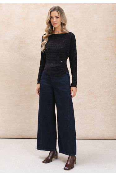 Timeless Buttoned Waist Cable Mix-Knit Top in Black for Office & Coffee Dates