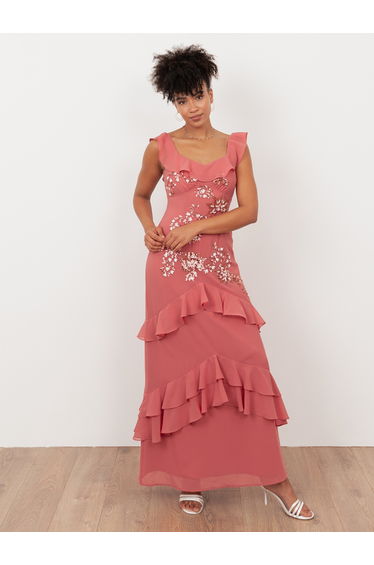 Maya Mid Pink Embellished Ruffled Maxi Dress with Keyhole Back