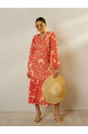 Orange Floral Print Balloon Sleeve Midi Dress