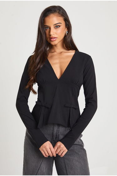 Bengaline Plunge Front Long Sleeve Bow Detail Top - black