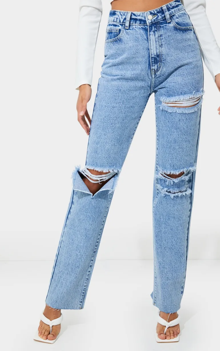 PRETTYLITTLETHING Acid Wash Distressed Long Leg Straight Jean - 1