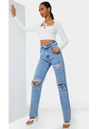 PRETTYLITTLETHING Acid Wash Distressed Long Leg Straight Jean