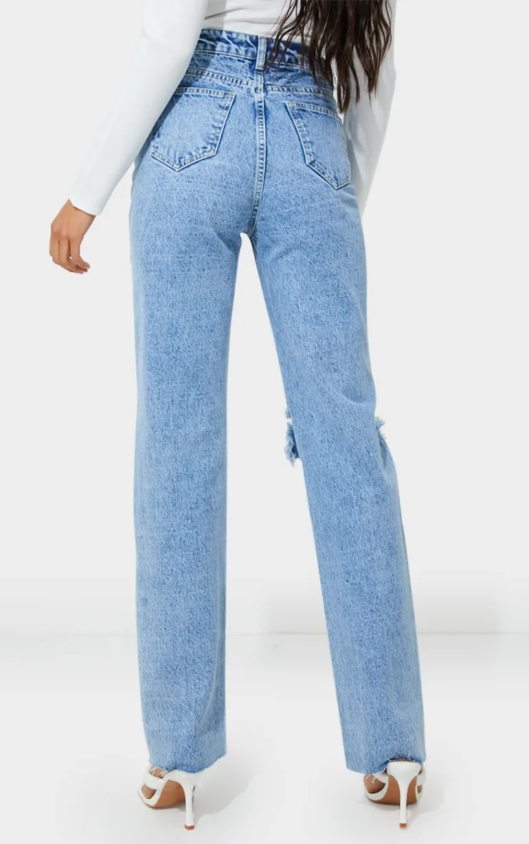PRETTYLITTLETHING Acid Wash Distressed Long Leg Straight Jean - 2