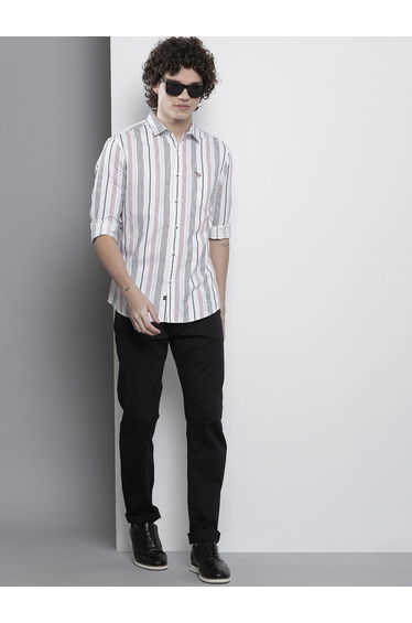 Men White Striped Spread Collar Shirt