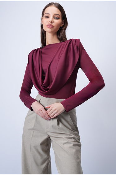 Women's Burgundy Crew Neck Shoulders Draped Fixed Shawl Detailed Knitted Blouse
