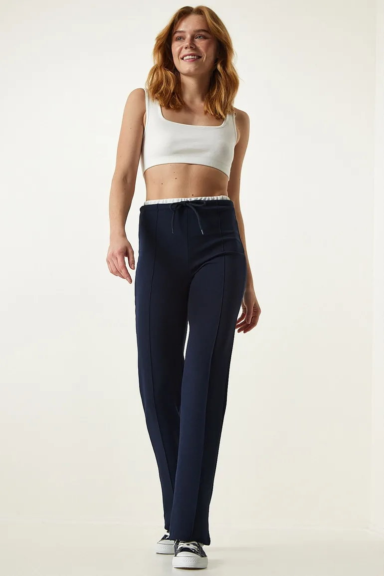 Women's Navy Blue Tie Detailed Knitted Trousers - 2