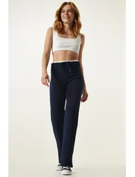 Women's Navy Blue Tie Detailed Knitted Trousers - 2