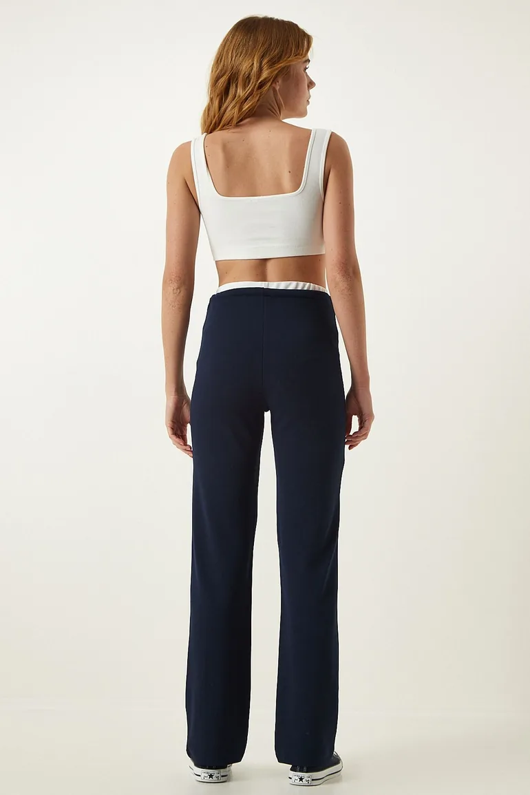 Women's Navy Blue Tie Detailed Knitted Trousers - 4