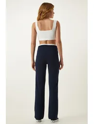 Women's Navy Blue Tie Detailed Knitted Trousers - 4