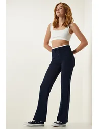 Women's Navy Blue Tie Detailed Knitted Trousers - 5