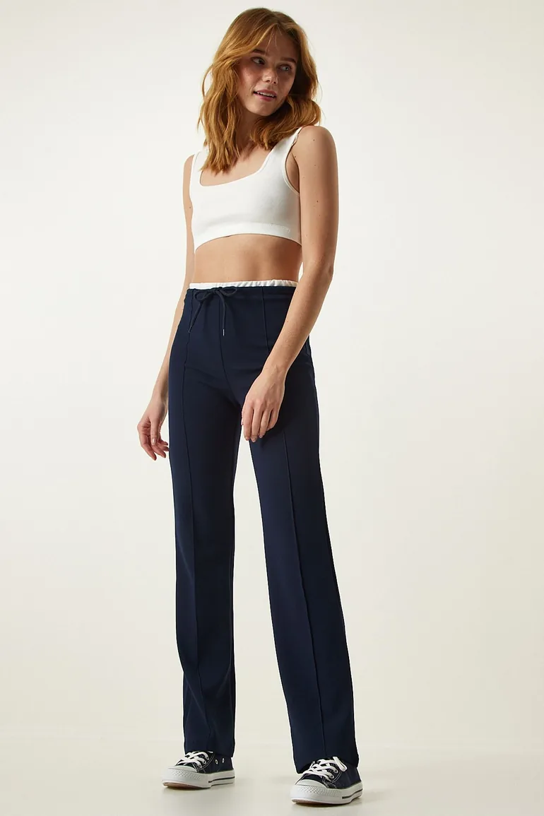 Women's Navy Blue Tie Detailed Knitted Trousers - 3