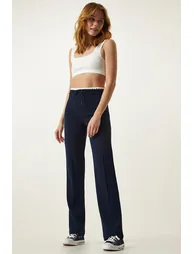Women's Navy Blue Tie Detailed Knitted Trousers - 3