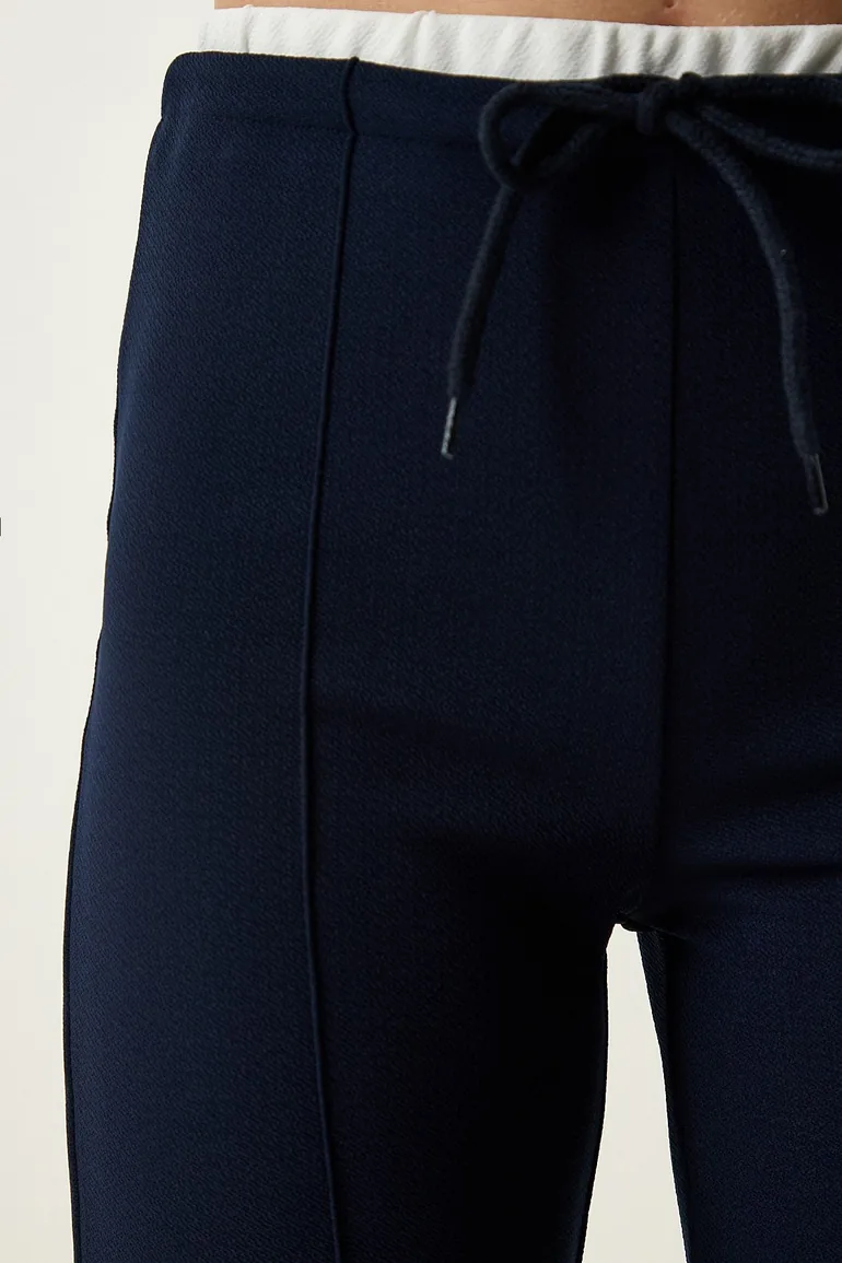Women's Navy Blue Tie Detailed Knitted Trousers - 7