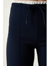 Women's Navy Blue Tie Detailed Knitted Trousers - 7
