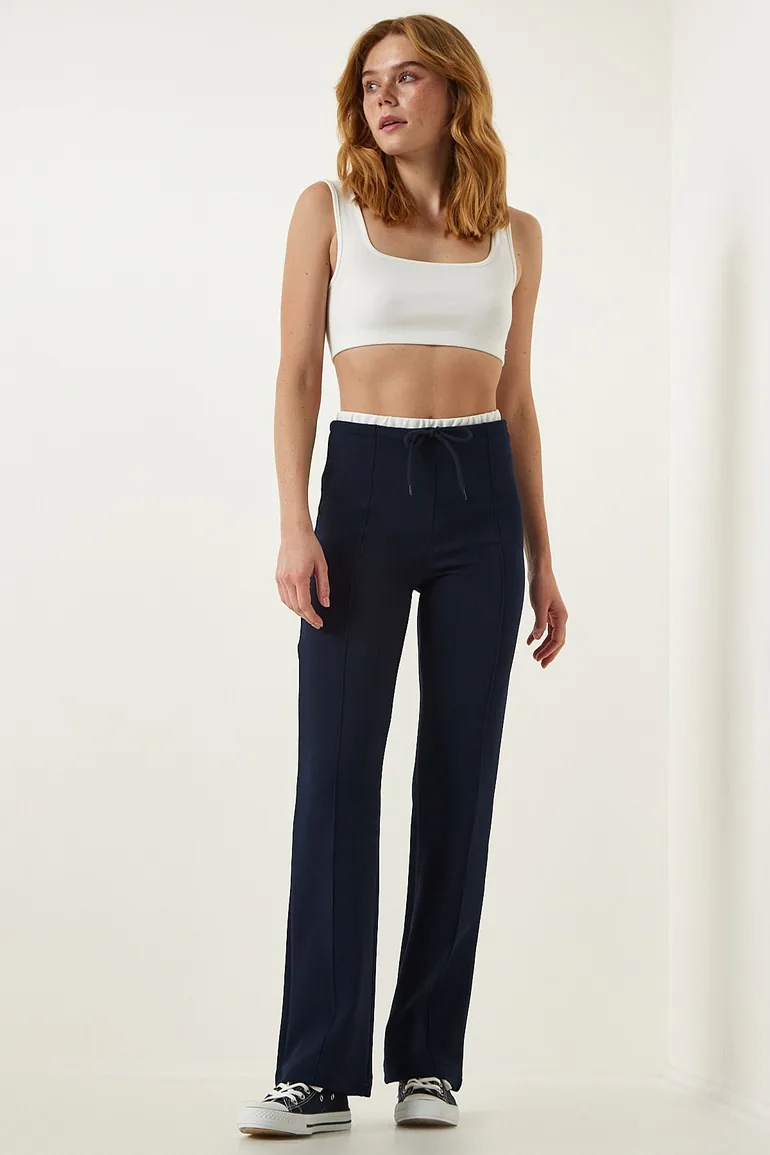 Women's Navy Blue Tie Detailed Knitted Trousers - 1