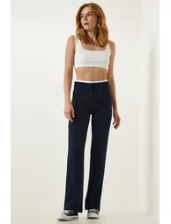 Women's Navy Blue Tie Detailed Knitted Trousers - 1