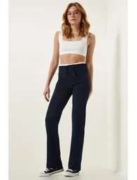 Women's Navy Blue Tie Detailed Knitted Trousers