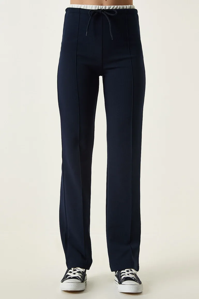 Women's Navy Blue Tie Detailed Knitted Trousers - 6
