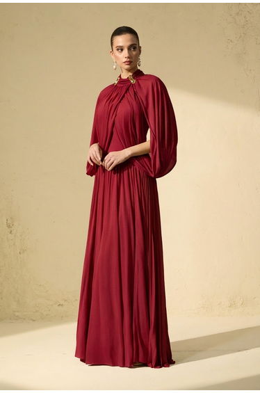 Twilight Whispers Red Draped Cape Sleeve Knit Maxi Dress