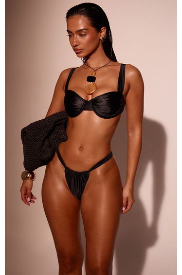 Black Shine Swim Thick Strap Bikini Bottoms