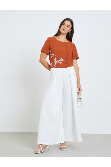 Women Rust Button-Detail Top with Bamboo Print