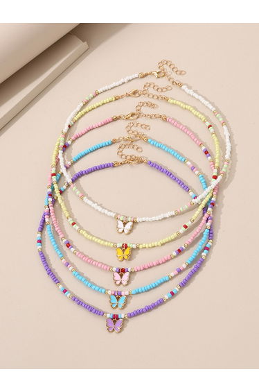 Set of 5 - Girls Butterfly Pendant Beaded Necklace