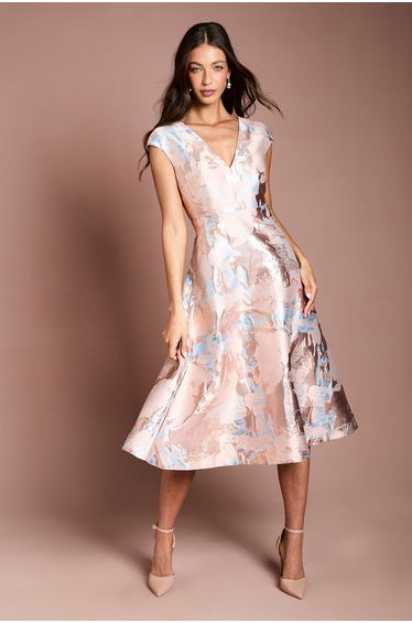 Plunge Neck Jacquard Midi Dress