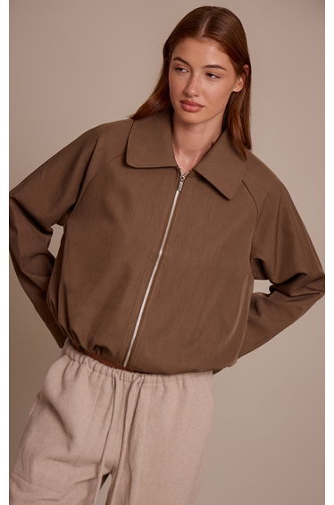 Mocha Utility Style Draw Cord Bomber Jacket