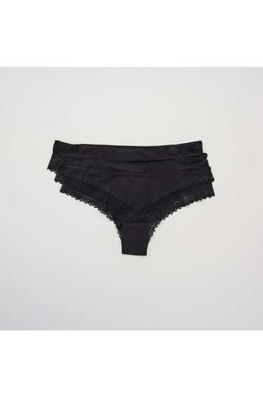 Pack of 3 cotton and lace tanga briefs BLACK