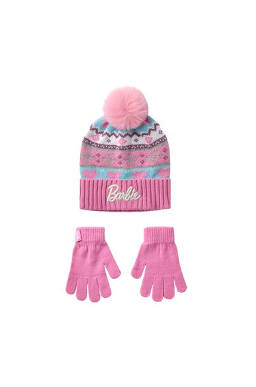 Barbie Girls Fair Isle Beanie & Gloves Set - Pink