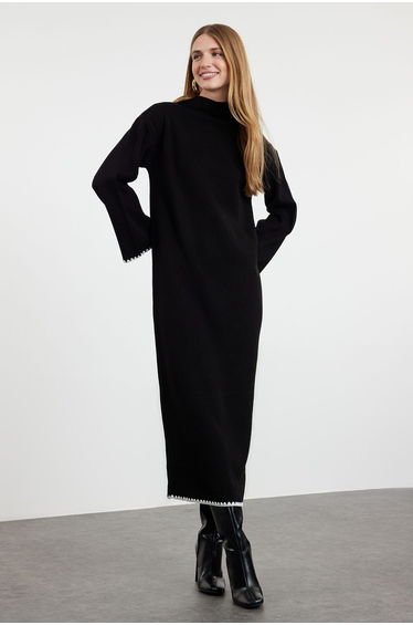 Black Stitching Detailed Long Knitwear Dress