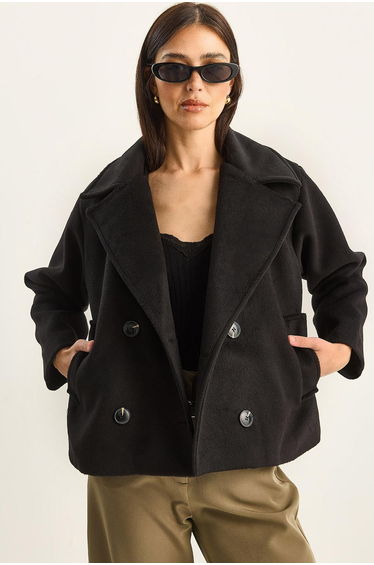 Women's Double-Breasted Coat with Pocket Details, Lined, Cashmere Jacket