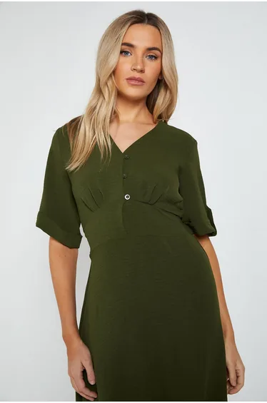 Button Detail Shirred Back Midi Dress