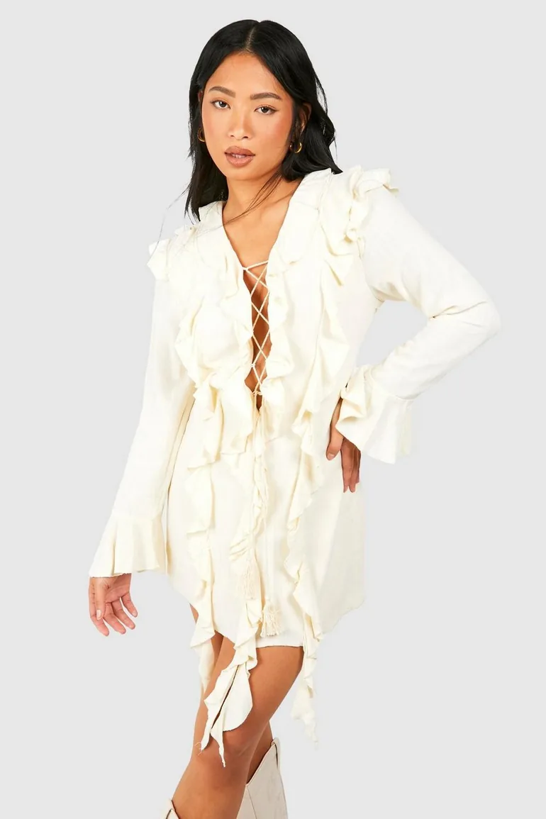 Shop Petite Linen Ruffle Boho Mini Dress - natural Online in Oman Shop Petite Linen Ruffle Boho Mini Dress - natural Online in Oman