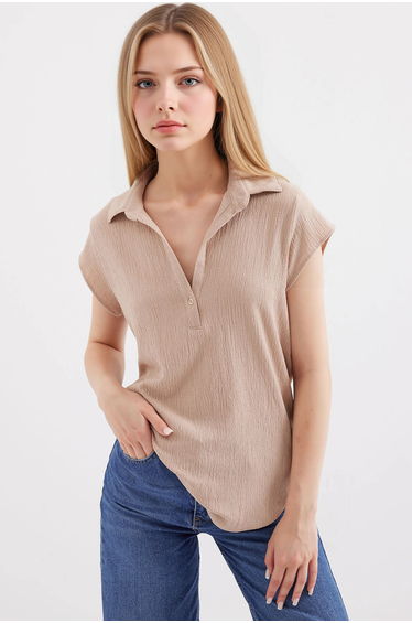 BDART Textured Polo Shirt Blouse with Button Closure