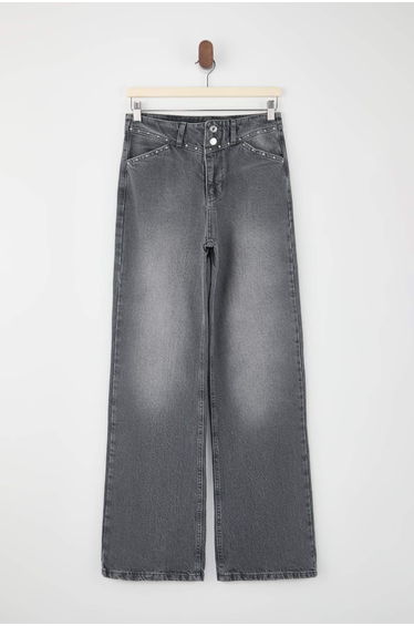Gray Trok Detailed Regular Waist Wide Leg Jeans
