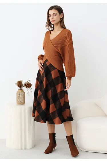 Rustic Fall Charm Check Flare Skirt