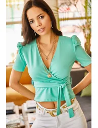 Women's Mint Green Belted Double Breasted Crepe Blouse - 2