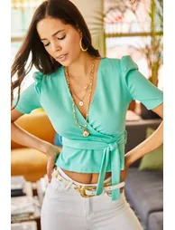 Women's Mint Green Belted Double Breasted Crepe Blouse - 3