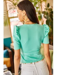 Women's Mint Green Belted Double Breasted Crepe Blouse - 6