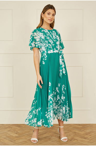 Yumi Green Mirror Floral Design Pleated Midi Dress